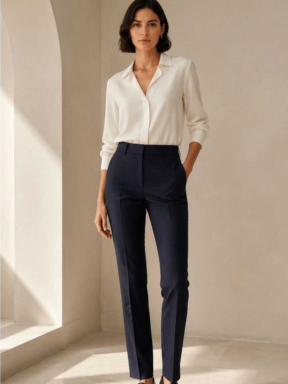 CLUB MONACO Navy Textured Slim Straight Stretch Trousers Size 8